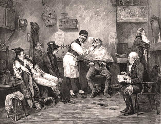 Barbearia em ilustração de Fred Barnard (1875). Barnard [1846-1896] foi um dos principais ilustradores da obra de Dickens.